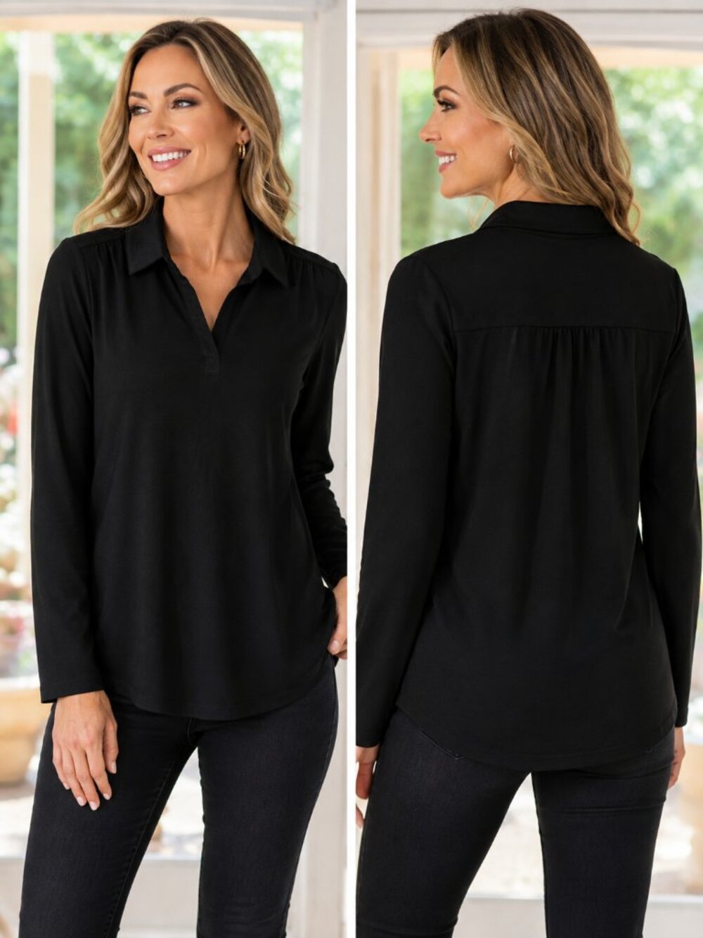 Belle by Kim Gravel Black Collared Long Sleeve Top Size S NIB 🖤